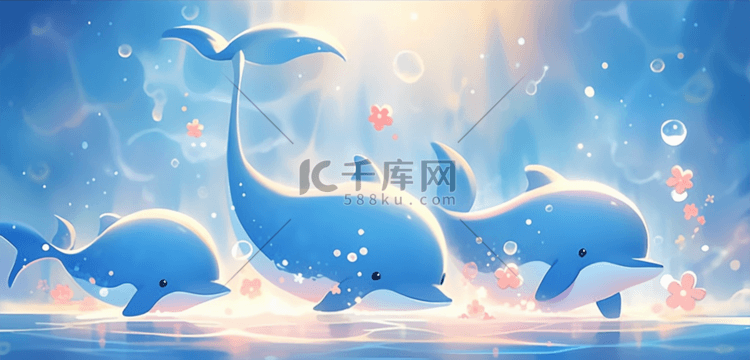 蓝色梦幻插画海里可爱的海豚