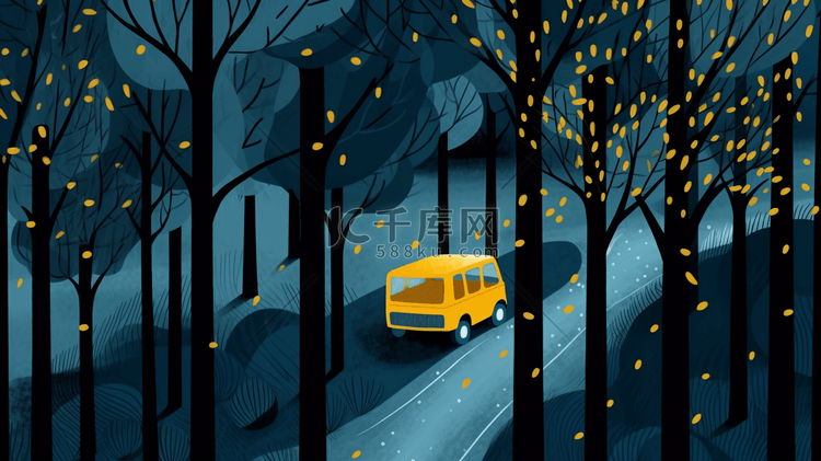 蓝色丛林里行驶的汽车卡通插画16