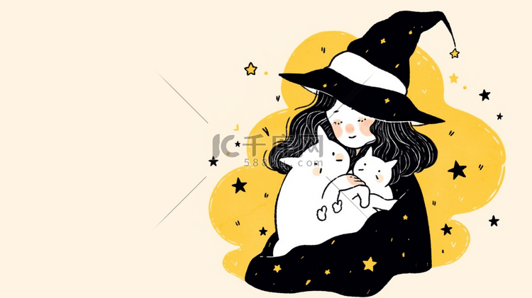 可爱小女巫和她的小猫万圣节插画