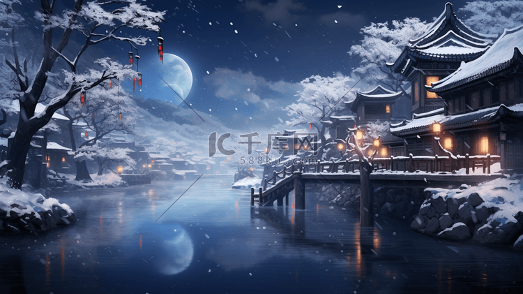 蓝色中国风唯美雪景插画14