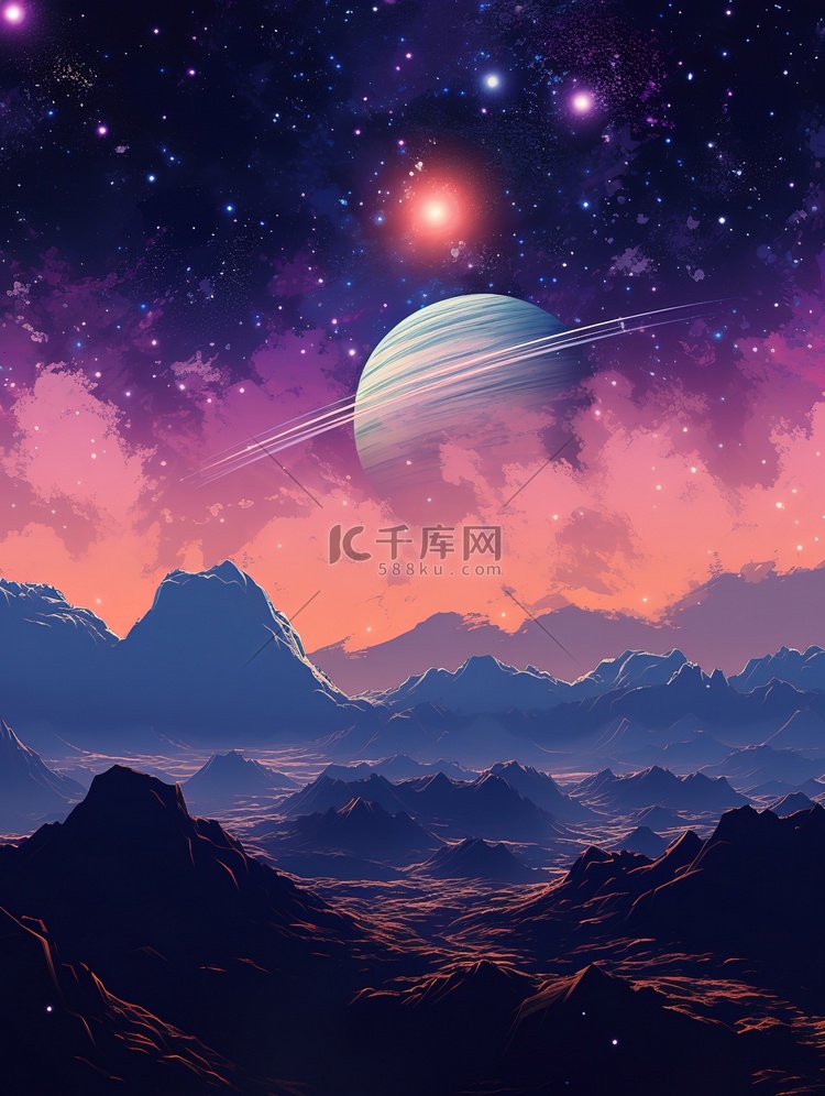 紫色土星月亮星星幻想场景11