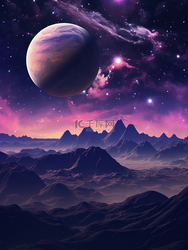 紫色土星月亮星星幻想场景20