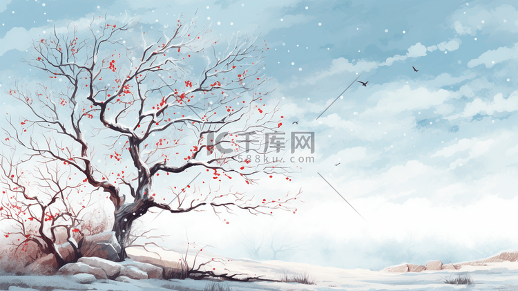 冷色雪地里枯树简约卡通插画1