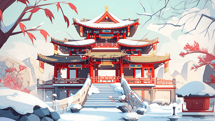 红色中国古建筑群风景插画21