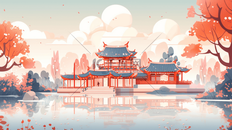 红色中国古建筑群风景插画15