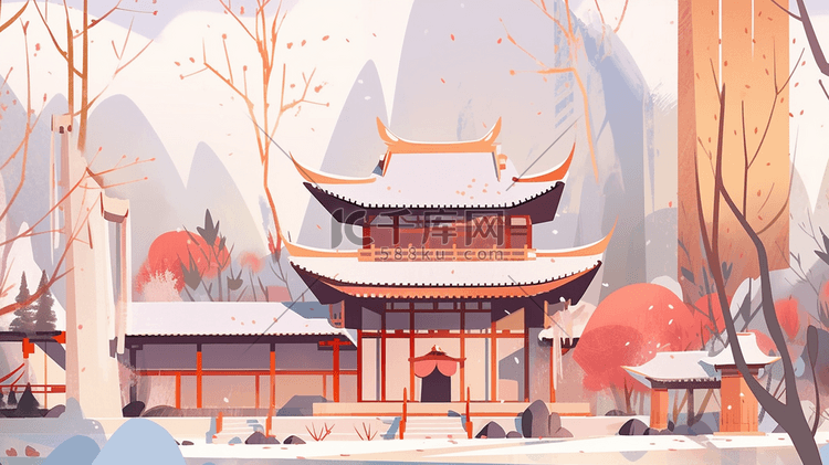 红色中国古建筑群唯美风景插画11