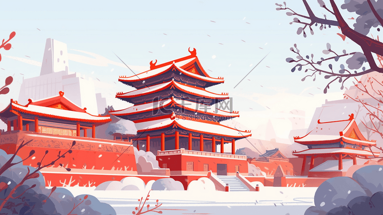 红色中国古建筑群风景插画11