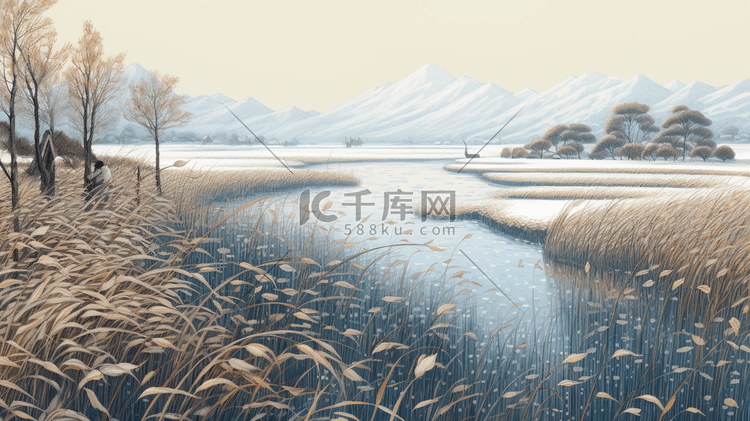 冬季芦苇湖边风景插画24