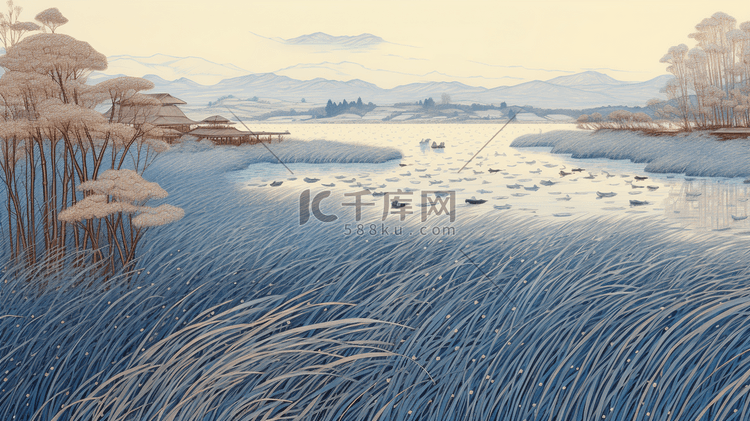 冬季芦苇湖边风景插画11