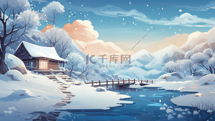 冬天大雪大寒雪山河谷风景插画4