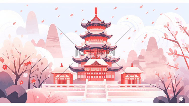 红色中国风古建筑群风景插画32