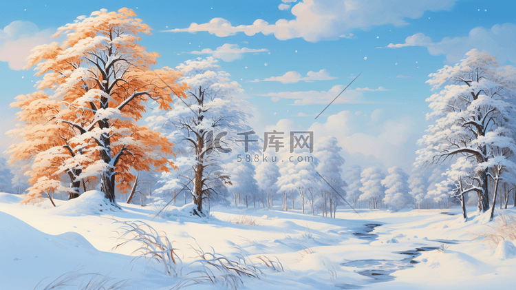 唯美冬天大雪大寒雪中森林树林风景场景插画