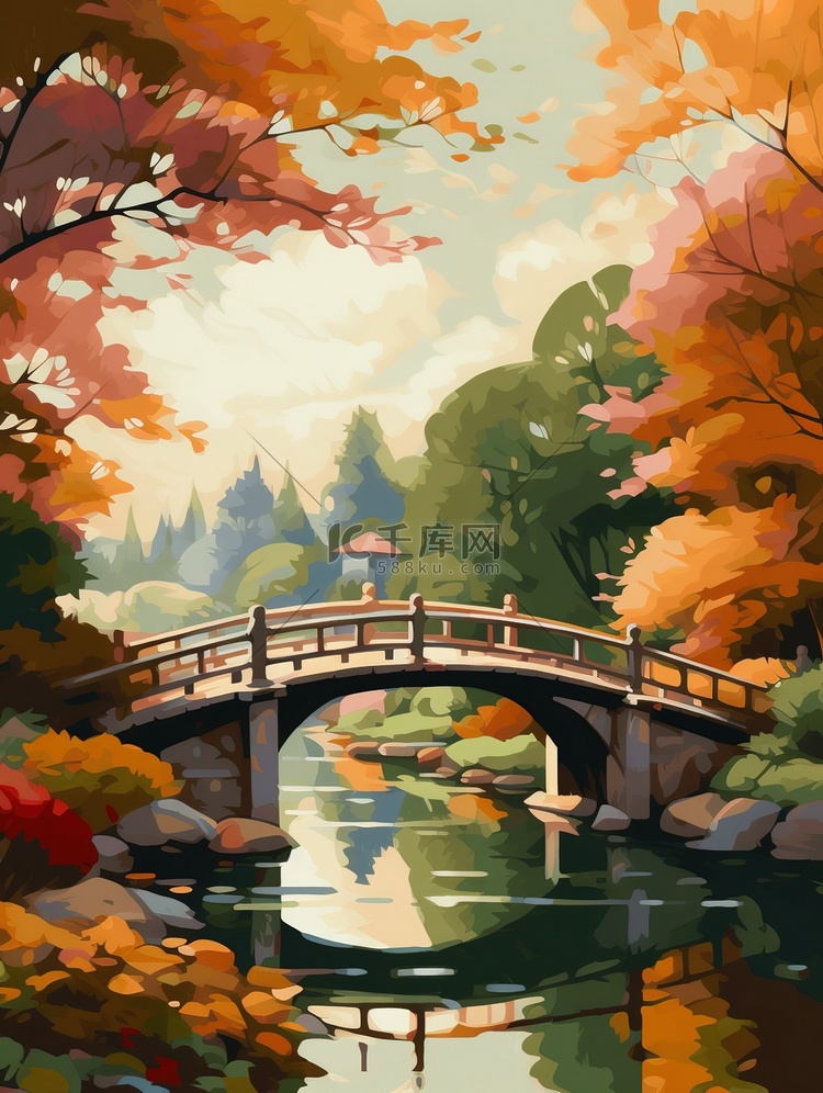 秋天公园树木拱桥16