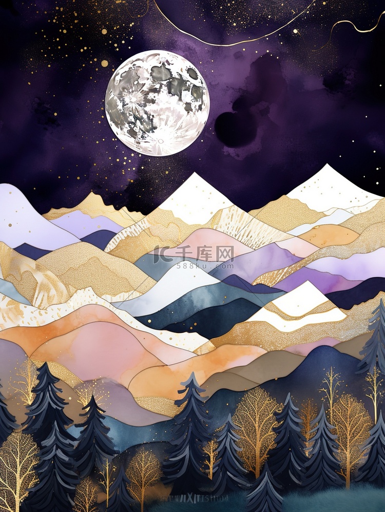 黄昏天空中的山脉画深紫色7