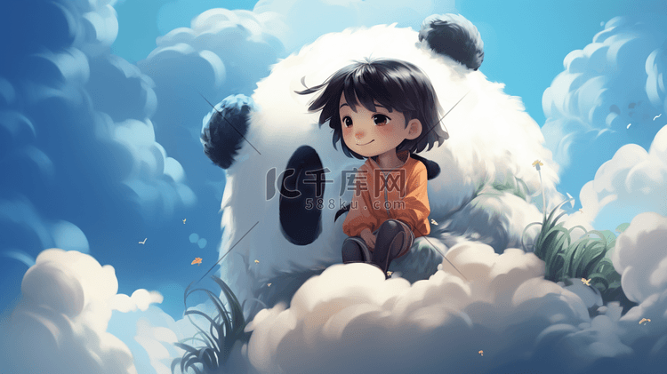 翱翔在云朵里的熊猫和儿童插画2