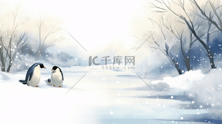 冬季水墨企鹅风景插画