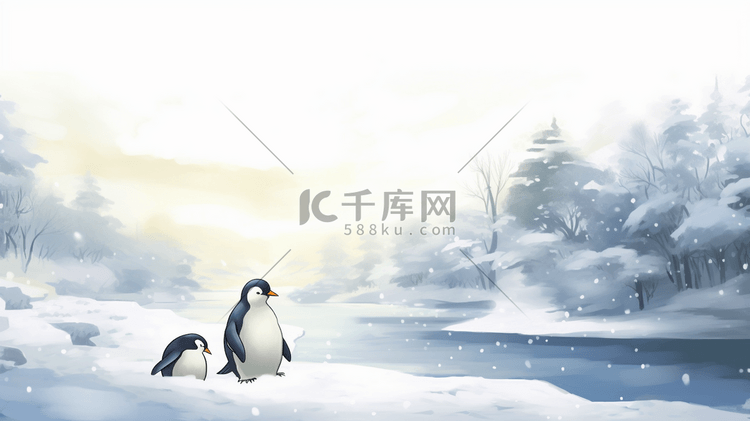 冬季水墨企鹅风景插画30