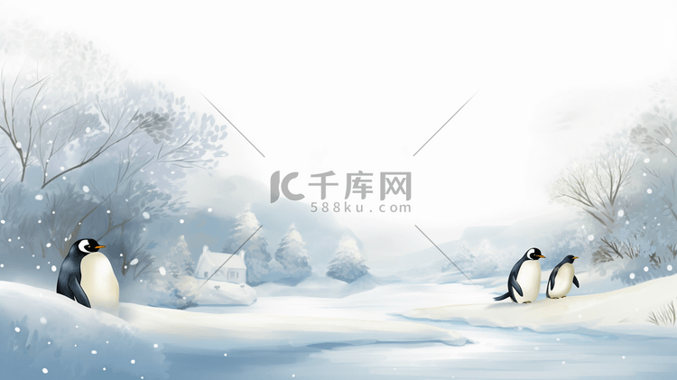 冬季水墨企鹅风景插画34