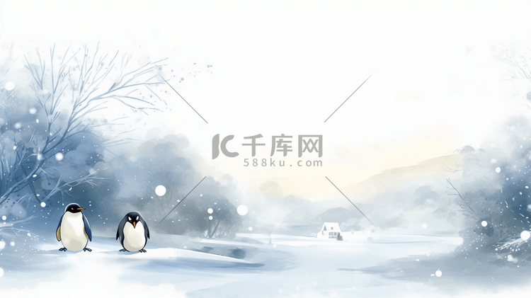 冬季水墨企鹅风景插画20