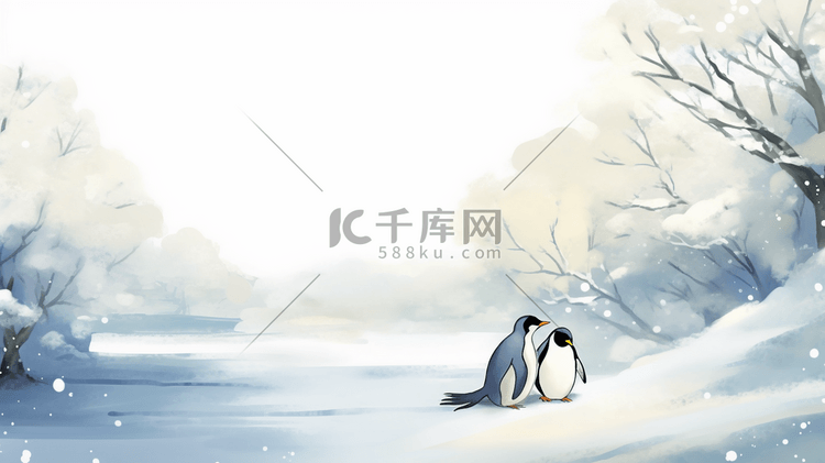 冬季水墨企鹅风景插画25