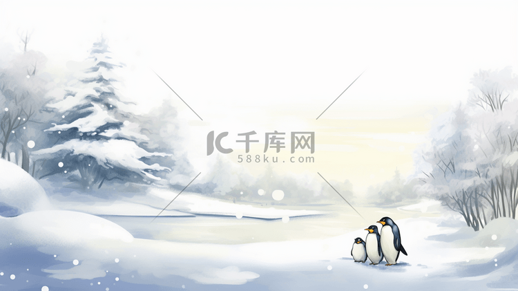冬季水墨企鹅风景插画22