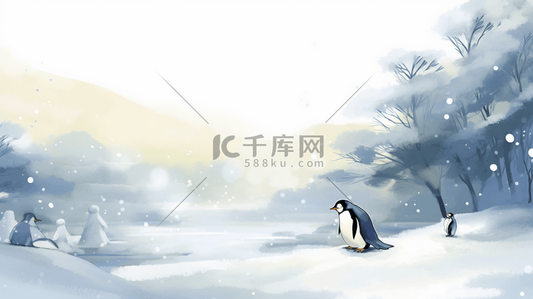 冬季水墨企鹅风景插画37