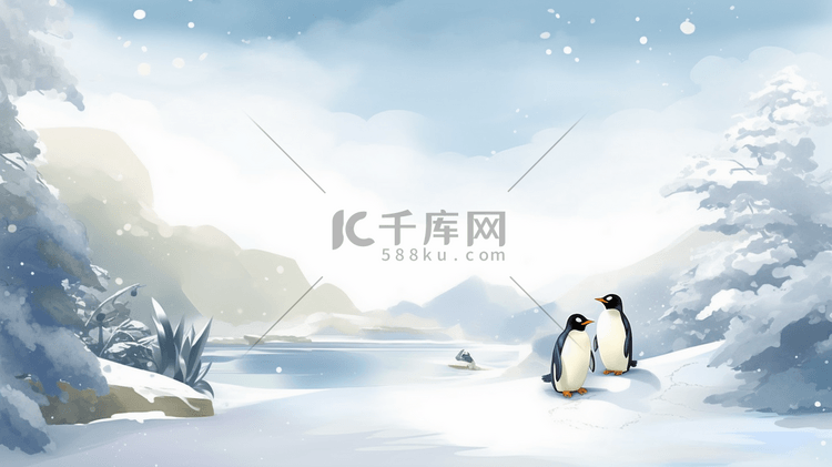 冬季水墨企鹅风景插画15