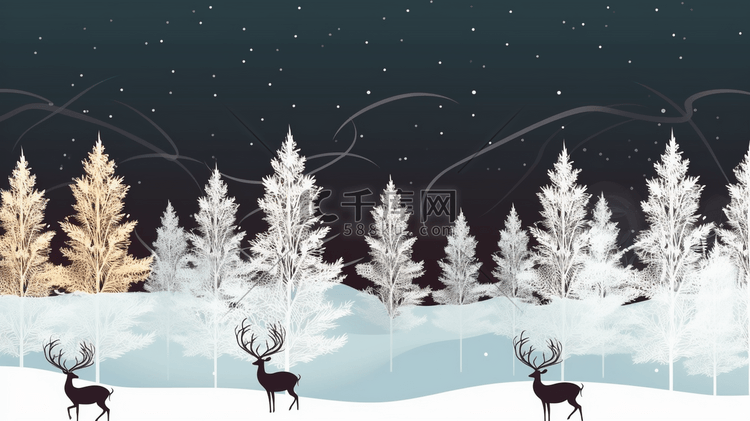 冰天雪地树木动物插画1