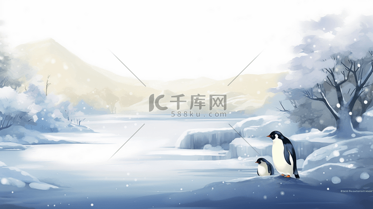冬季水墨企鹅风景插画27