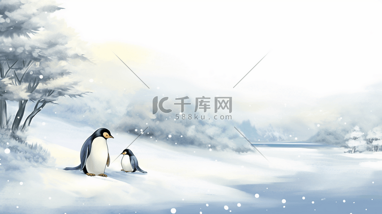 冬季水墨企鹅风景插画29