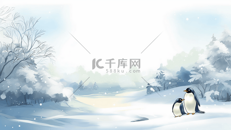 冬季水墨企鹅风景插画17