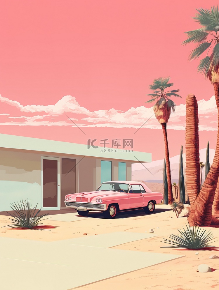 沙漠棕榈房子汽车插画12