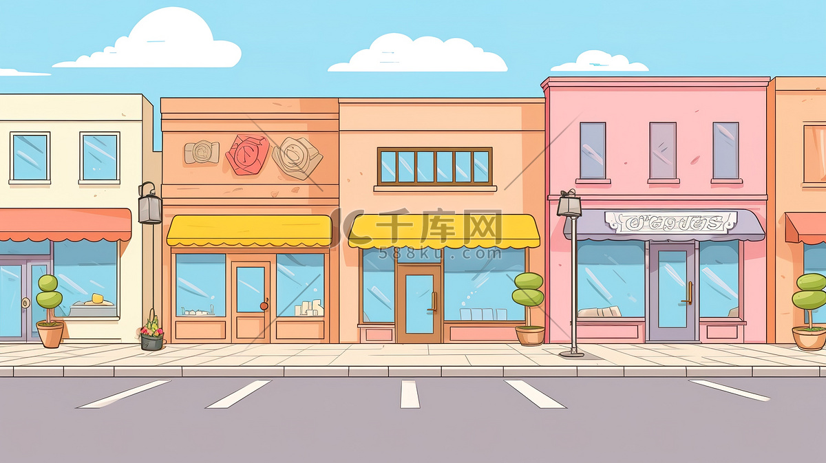 现代街道步行街扁平风8插画图片-千库网