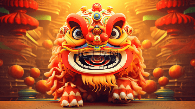 红色中国传统狮子插画3春节