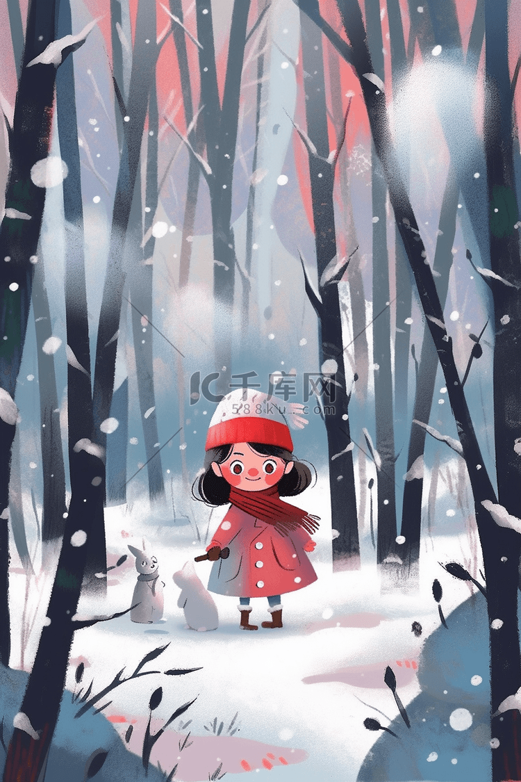 下雪天女孩在深林里冬天插画海报