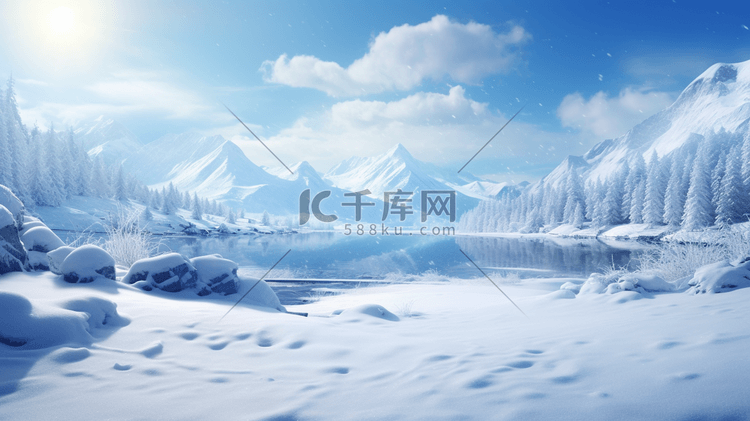 冬季山谷森林雪地雪景插画13