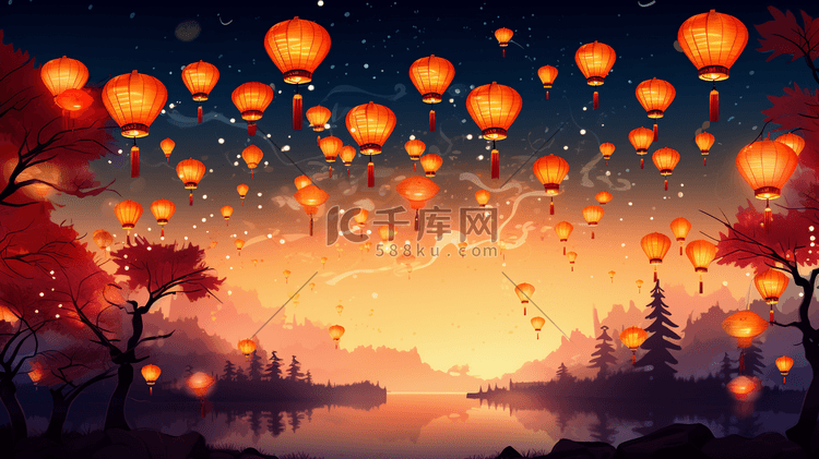 中国庆春节灯笼夜景插画1