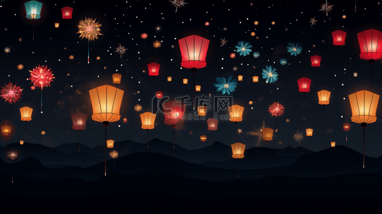 新年夜空的灯笼和烟花插画12
