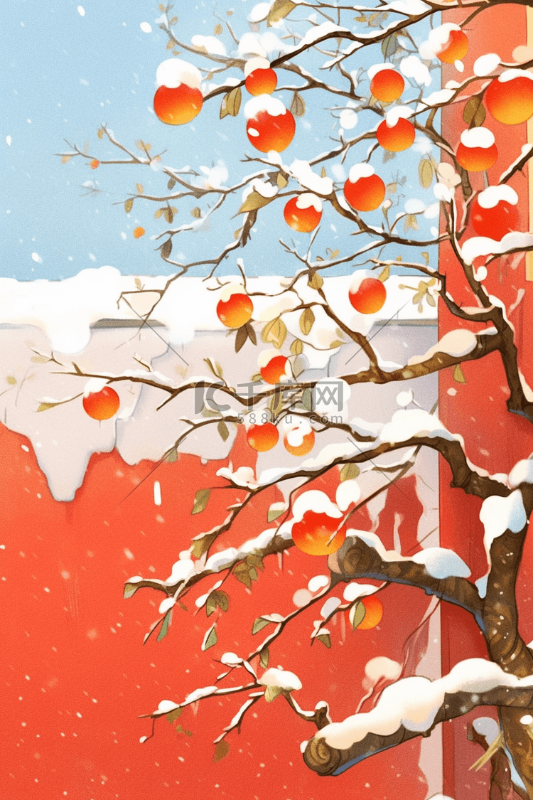 冬天手绘插画梅花红墙