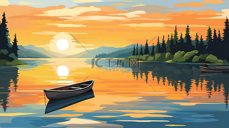 平静的湖面小船日落景色19