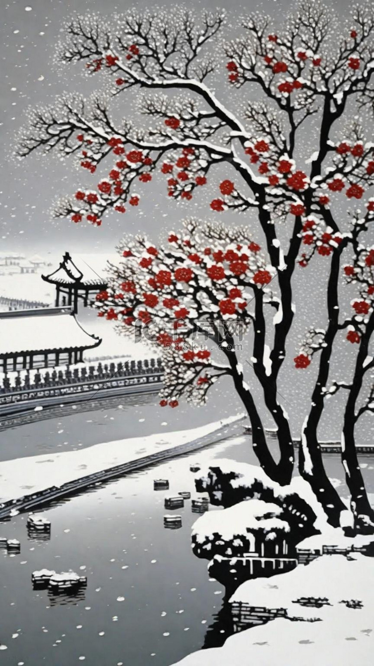 重彩肌理国潮冬天雪景红梅中式建筑插画