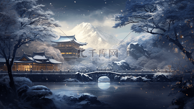 中式山水风景唯美插画1135
