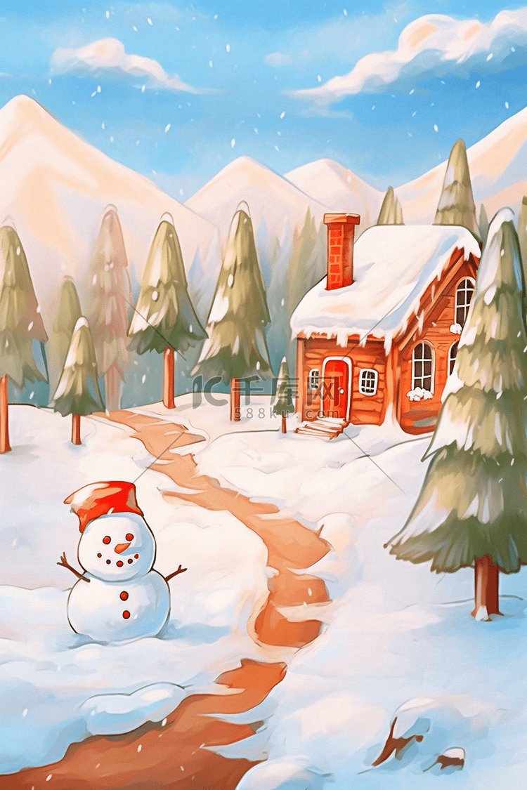 冬天松树小木屋手绘插画雪人