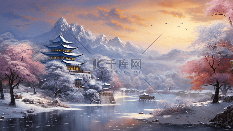 中式山水风景唯美插画16
