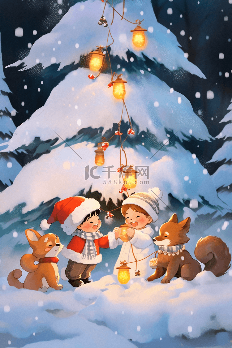 孩子和小动物一起堆雪人圣诞节手绘插画
