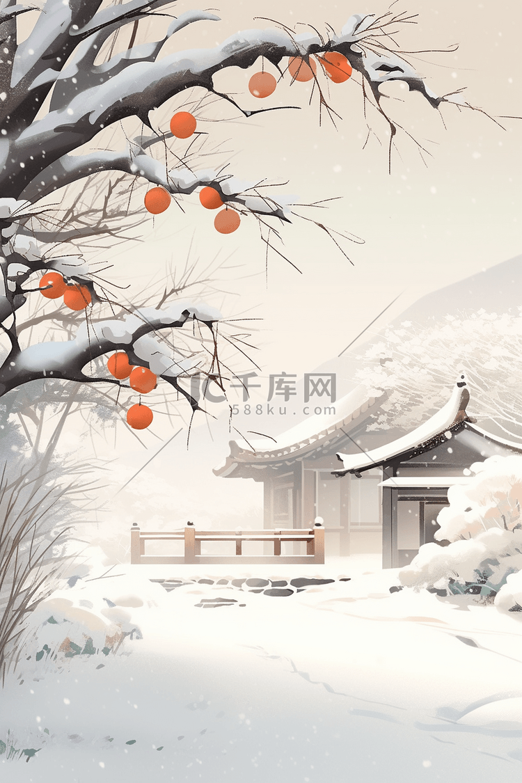 冬天海报柿子树手绘插画房子白雪皑皑