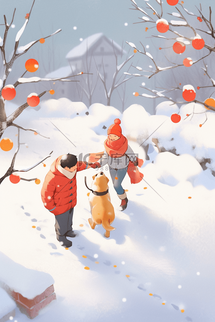 冬天手绘圣诞节孩子玩耍插画