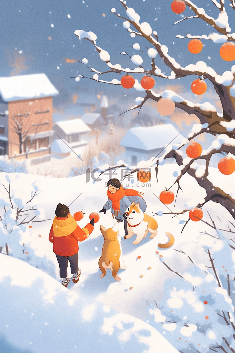 圣诞节孩子玩耍冬天手绘插画