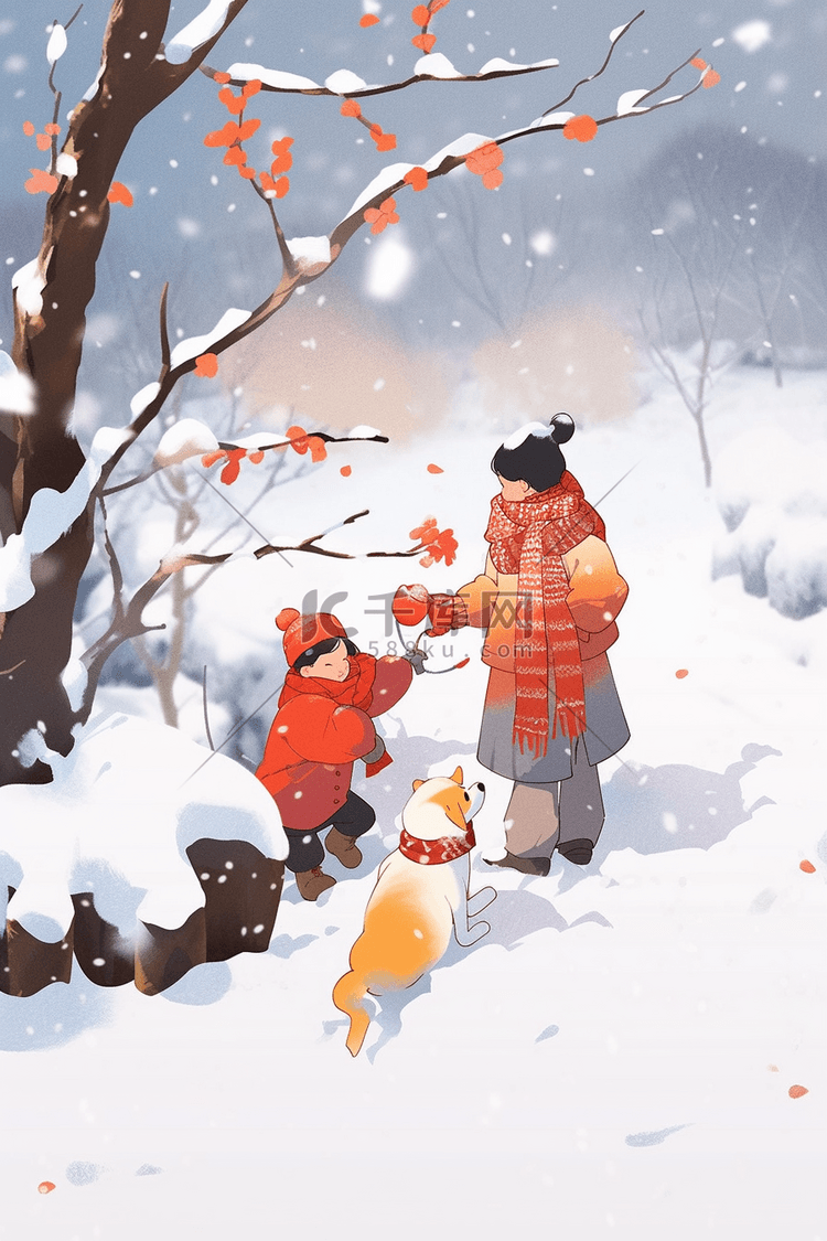 冬天圣诞节手绘孩子玩耍插画