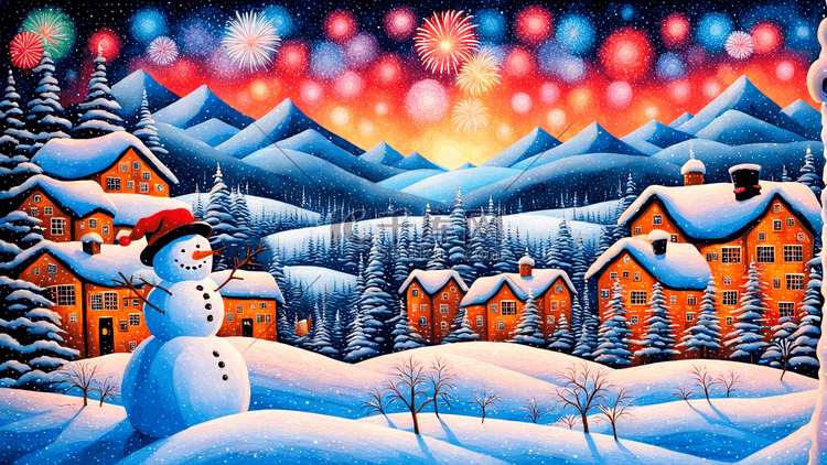 雪人圣诞节新年冬天插画焰火